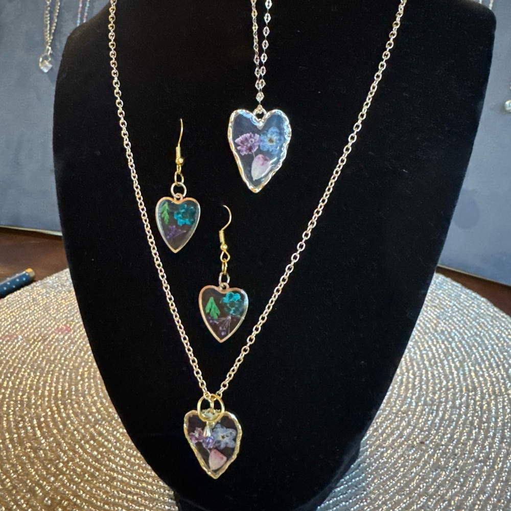 Floral Heart Pendant Necklace  bracket and Earring Set. Handmade gold plated